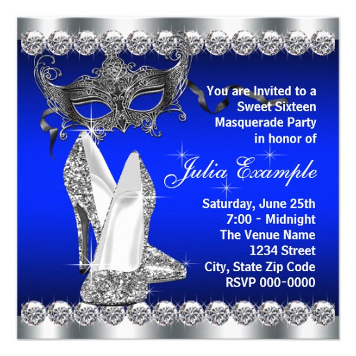 Royal Blue Sweet Sixteen Masquerade Party Announcement