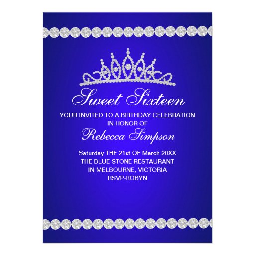 Royal Blue Tiara Sweet Sixteen Birthday Invitation