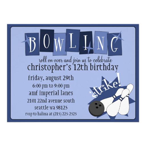 Royal Blue Totally Retro Bowling Birthday Party Custom Announcements