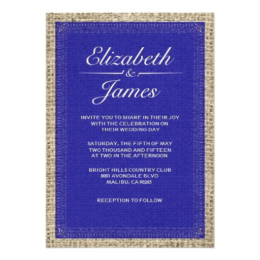 Royal Blue Vintage Burlap Wedding Invitations