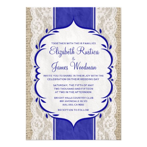 Royal Blue Vintage Linen Burlap Wedding Invitation