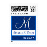 Royal Blue Wedding Damask Monogram M A004 Postage Stamp