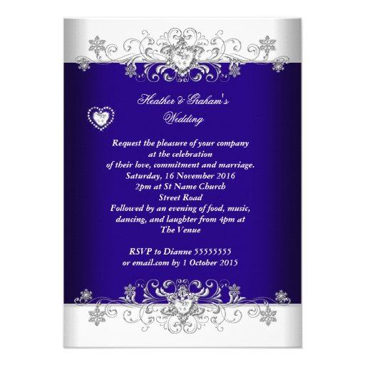 Royal Blue Wedding Silver Diamond Hearts 2 Invitations