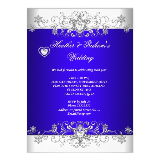 Royal blue Wedding Silver Diamond Hearts Custom Announcement
