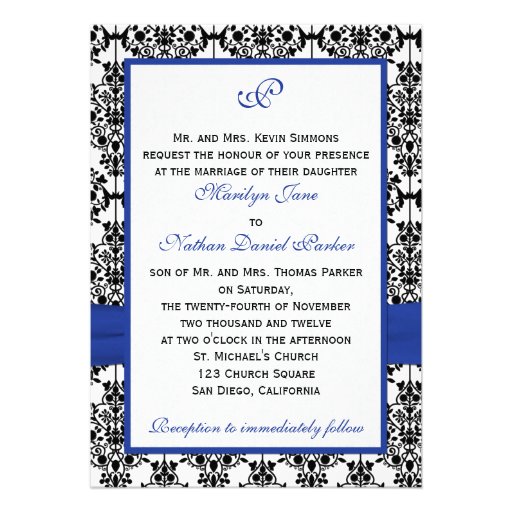 Royal Blue, White, Black Damask Wedding Invitation