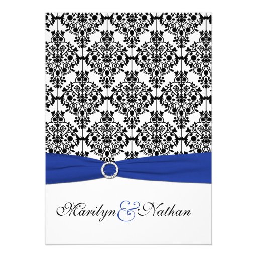 Royal Blue, White, Black Damask Wedding Invitation