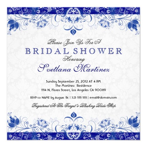 Royal Blue & White Damask Bridal Shower Invitation