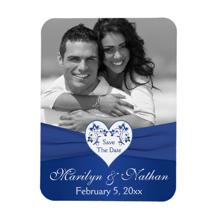 Royal Blue White Floral Heart Wedding Photo Magnet Zazzle