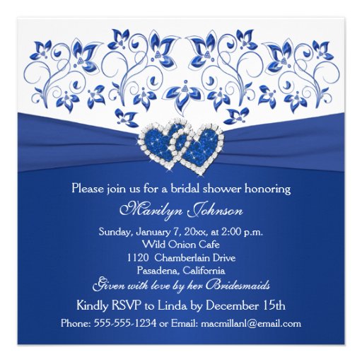 Royal Blue, White Floral Hearts Bridal Shower Custom Invites