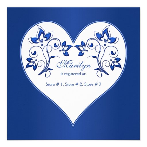 Royal Blue, White Floral Hearts Bridal Shower Custom Invites