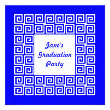 Royal blue & White Greek Key Grad Party Invitation