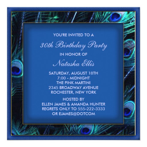 Royal Blue Womans Peacock Birthday Party Personalized Invitation (front side)