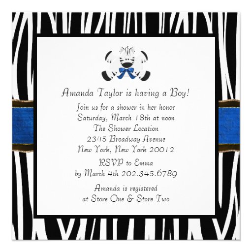 Royal Blue Zebra Baby Boy Shower Invitations