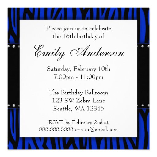 Royal Blue Zebra Diamonds Sweet 16 Birthday Announcement