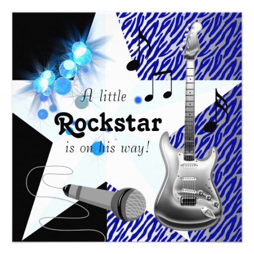 Royal Blue Zebra Rock Star Baby Boy Shower Personalized Invite