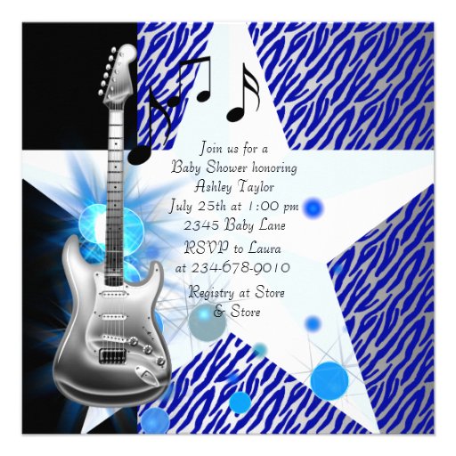 Royal Blue Zebra Rock Star Baby Boy Shower Personalized Invite