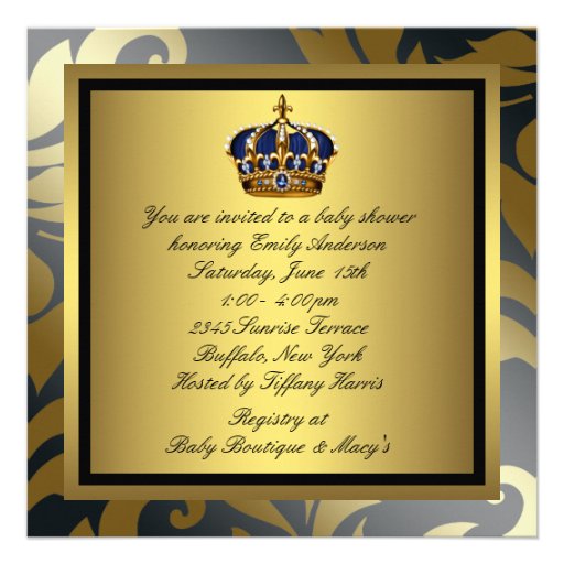 Royal Navy Blue Black Gold Prince Baby Boy Shower Invites