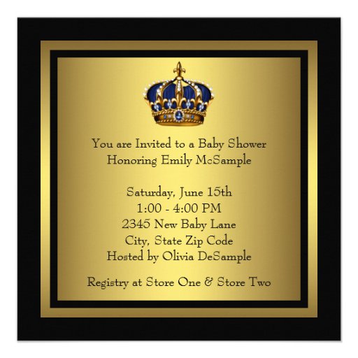 Royal Navy Blue Black Gold Prince Baby Boy Shower Personalized Invite
