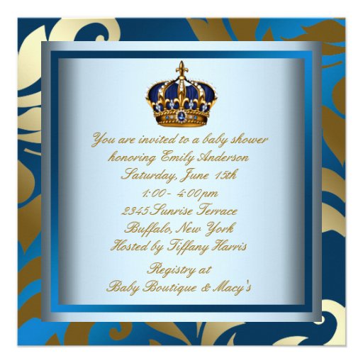 Royal Navy Blue Black Prince Baby Boy Shower Personalized Invite