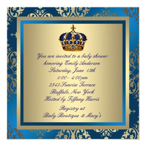 Royal Navy Blue Gold Prince Baby Boy Shower Invitations