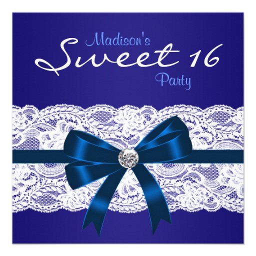 Royal Navy Blue White Lace Blue Sweet 16 Party Personalized Announcements