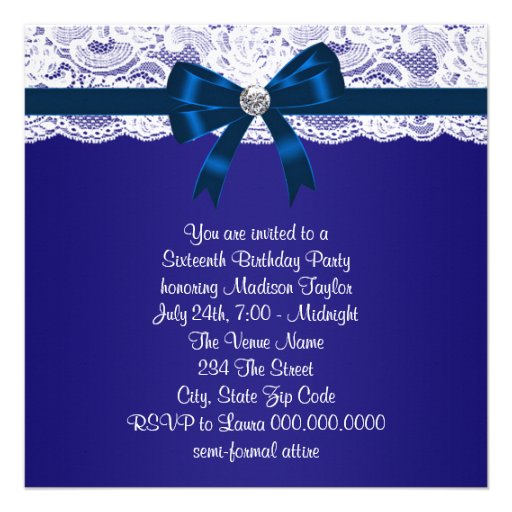 Royal Navy Blue White Lace Blue Sweet 16 Party Personalized Announcements