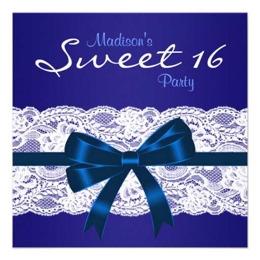 Royal Navy Blue White Lace Blue Sweet 16 Party Personalized Invites