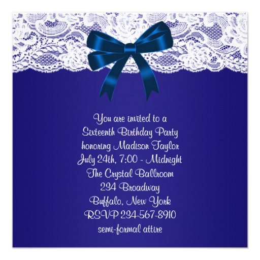 Royal Navy Blue White Lace Blue Sweet 16 Party Personalized Invites