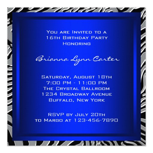 Royal Navy Blue Zebra Sweet 16 Birthday Party Announcements