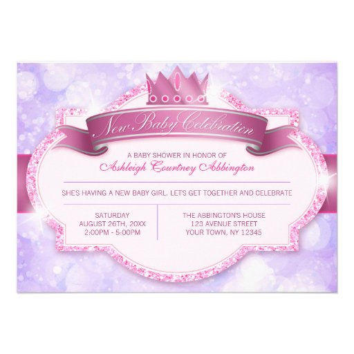 Royal Princess Pink Glitter and Purple Baby Shower Announcement