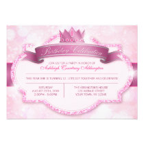 Royal Princess Pink Glitter Girls Birthday Party Custom Announcements