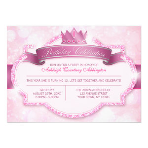 Royal Princess Pink Glitter Girls Birthday Party Custom Announcements