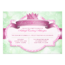 Royal Princess Pink Glitter Girls Birthday Party Custom Announcement
