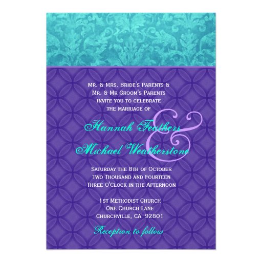 Royal Purple and Aqua Blue Damask Wedding G500 Invitation