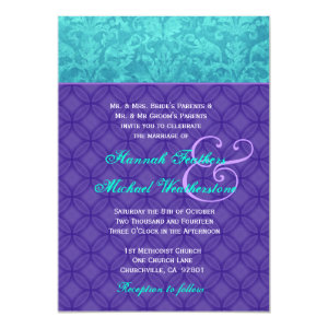 Royal Purple and Aqua Blue Damask Wedding G500 5x7 Paper Invitation Card