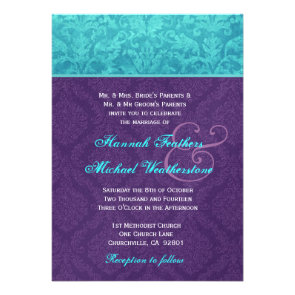 Royal Purple and Aqua Blue Damask Wedding Metallic Custom Invite