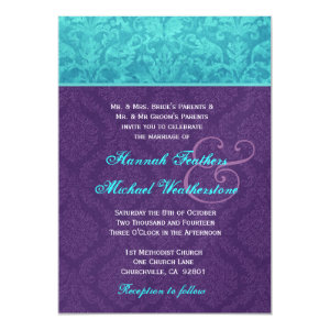 Royal Purple and Aqua Blue Damask Wedding Metallic 5x7 Paper Invitation Card