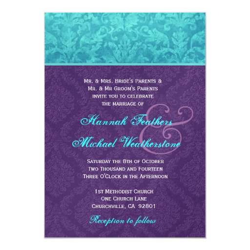 royal purple wedding invitations royal purple and aqua blue damask wedding metallic 5x7 royal purple wedding invitations royal purple and aqua blue damask wedding metallic 5x7