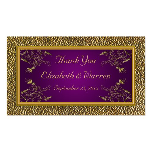 Royal Purple and Gold Floral Wedding Favor Tag Business Card Template (front side)