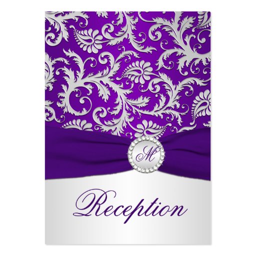 Royal Purple and Silver Damask Enclosure Card Business Card Template (front side)