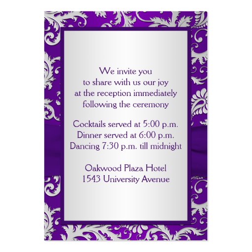 Royal Purple and Silver Damask Enclosure Card Business Card Template (back side)