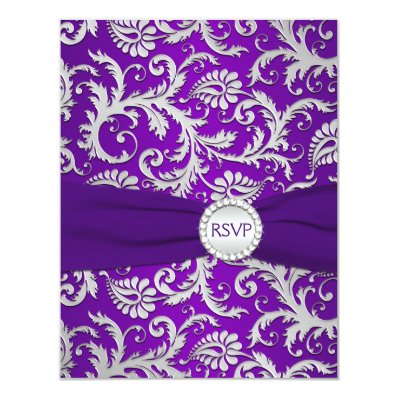 Royal Purple and Silver Damask RSVP Card Personalized Invitations