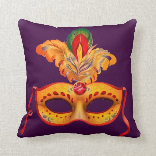 Royal Purple and yellow feather Masquerade mask Throw Pillow Zazzle