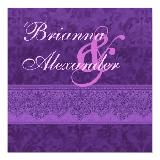 Royal Purple Damask and Lace Wedding Invitation