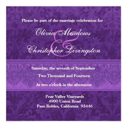 Royal Purple Damask and Lace Wedding Invitation
