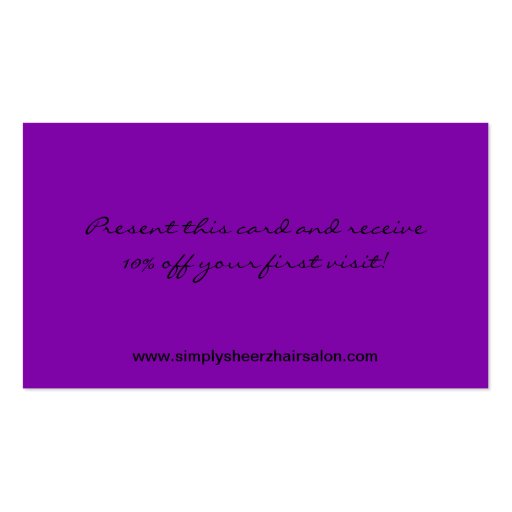 Royal Purple Zebra Print Hair Salon Business Card (back side)