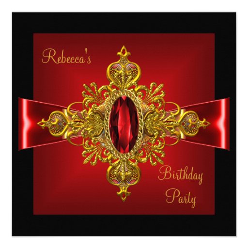 Royal Red Diamond Jewel Gold Bow Black 2 Custom Invites