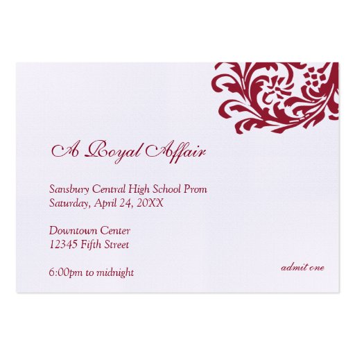 Royal red formal prom bid custom admission ticket business card templates (front side)