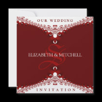 Royal Red+White Lace Monogram Wedding Invitations invitations