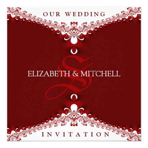 Royal Red+White Lace Monogram Wedding Invitations (front side)